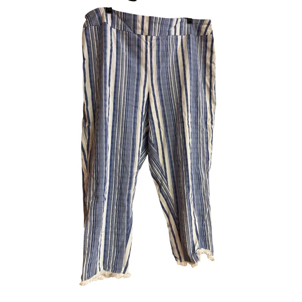 Blue & White Striped Cato Est. 1946 Cropped Pants With Frayed Hem
